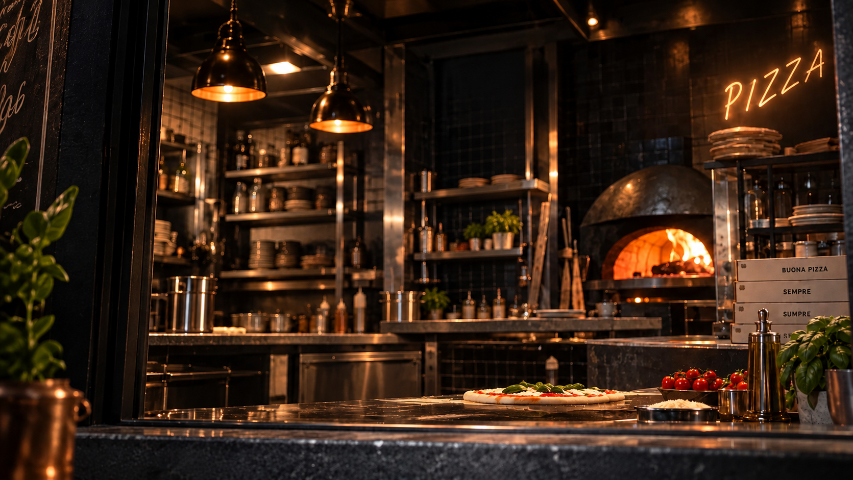 Kelner podający pizzę przez okno nowoczesnej pizzerii
